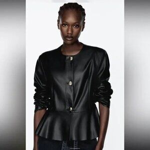 Zara Womens Moto Jacket M Black Faux Leather Peplum Ruffle 3046/181 NWT